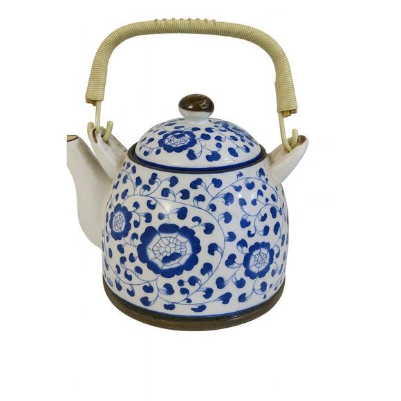 Vintage Blue White Floral Ceramic Teapot Kettle with Bamboo Handle Chinese Style - Picture 1 of 6